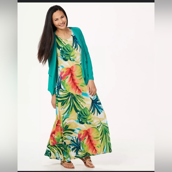 Attitudes By Renee Abstract Tropical Print Maxi Jersey Dress Size Lp - Picture 2 of 14